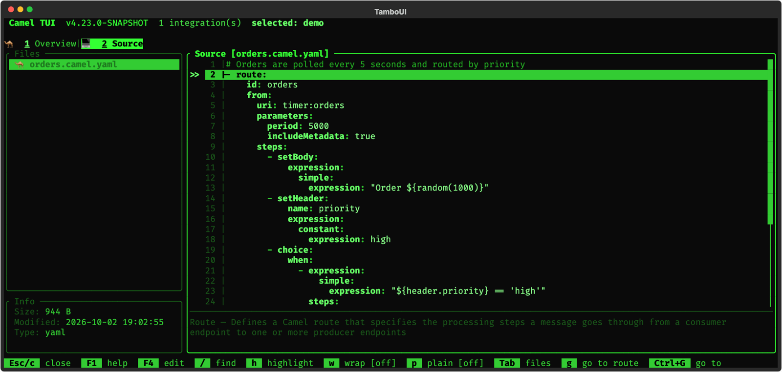 A YAML route in the Source tab with the CRT theme